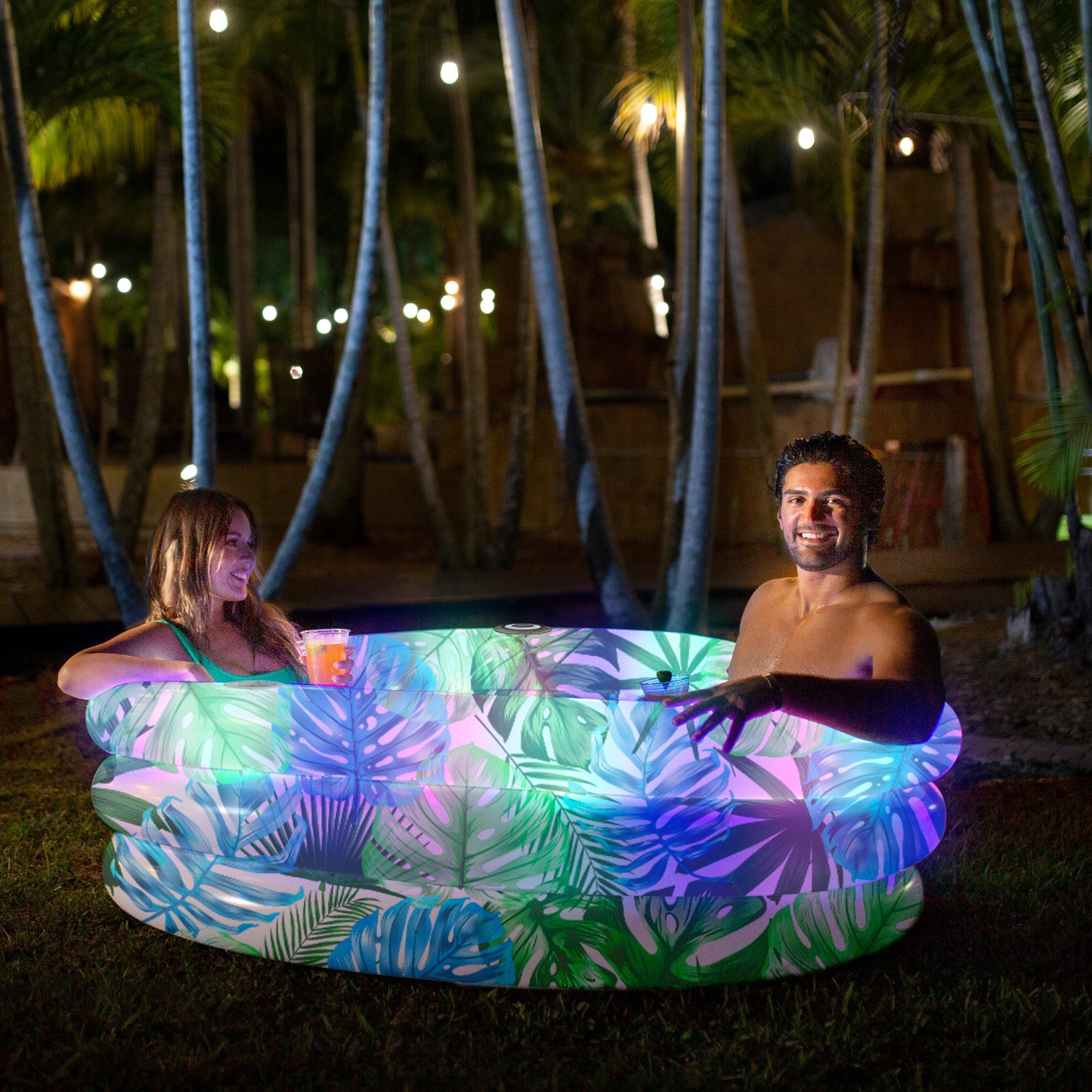 PoolCandy Tropical Palms Illuminated Sunning Pool with Bluetooth Speaker - Perfect for Day or Night